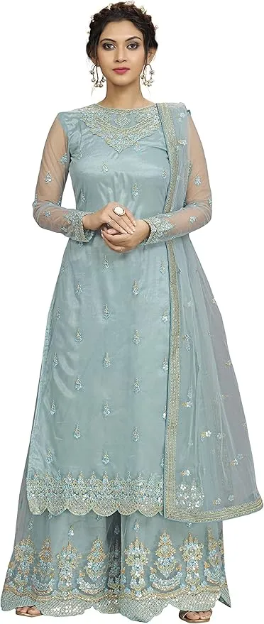 Women's Net Embroidery Sharara Suit Set Indian Pakistani Wedding Ethnic