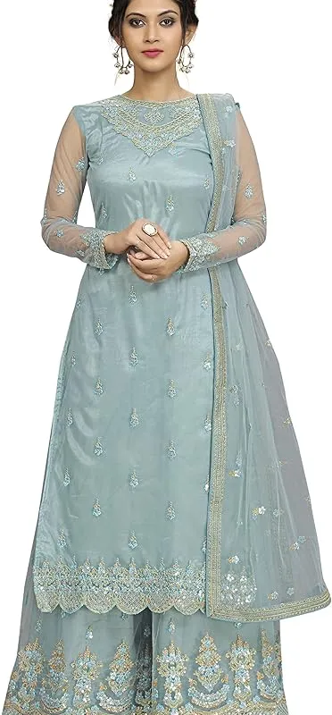 Product Women's Net Embroidery Sharara Suit Set Indian Pakistani Wedding Ethnic Image